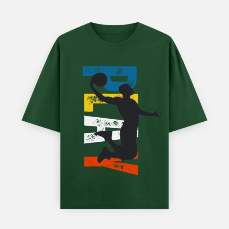 Oversized bottle green t-shirt 240GSM featuring a distressed PLAY basketball graphic
