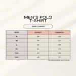 A clean, organized size chart for a Men’s Polo T-shirt with a cream colored background. The table includes three columns for Size, Chest, and Length, listing measurements in inches for sizes Small 38 by 26 through 3XL 48 by 31.