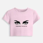 Light baby pink womens cropped baby tee with Respect Exists eye graphic front view