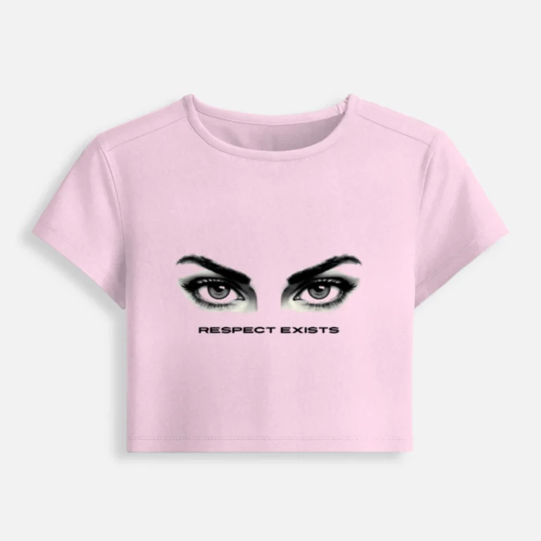 Light baby pink womens cropped baby tee with Respect Exists eye graphic front view