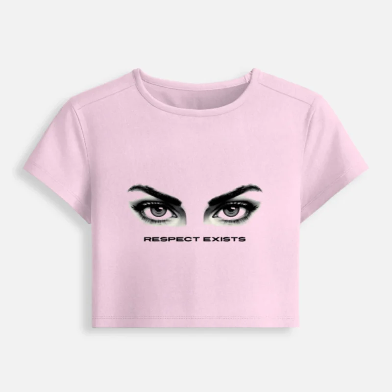 Light baby pink womens cropped baby tee with Respect Exists eye graphic front view