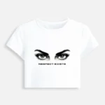 White womens cropped baby tee with Respect Exists eye graphic front view