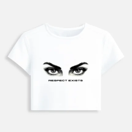 White womens cropped baby tee with Respect Exists eye graphic front view