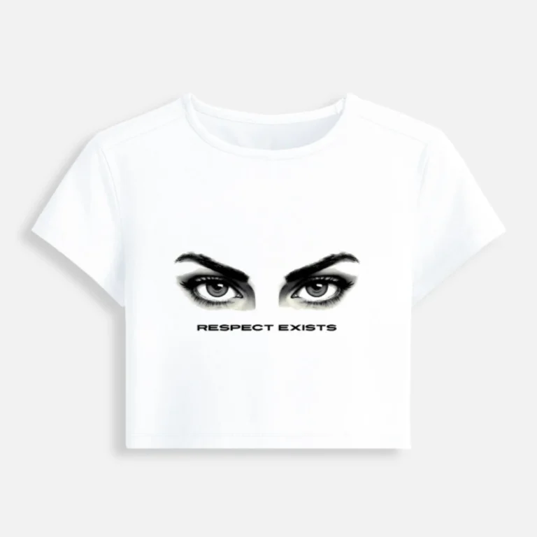 White womens cropped baby tee with Respect Exists eye graphic front view