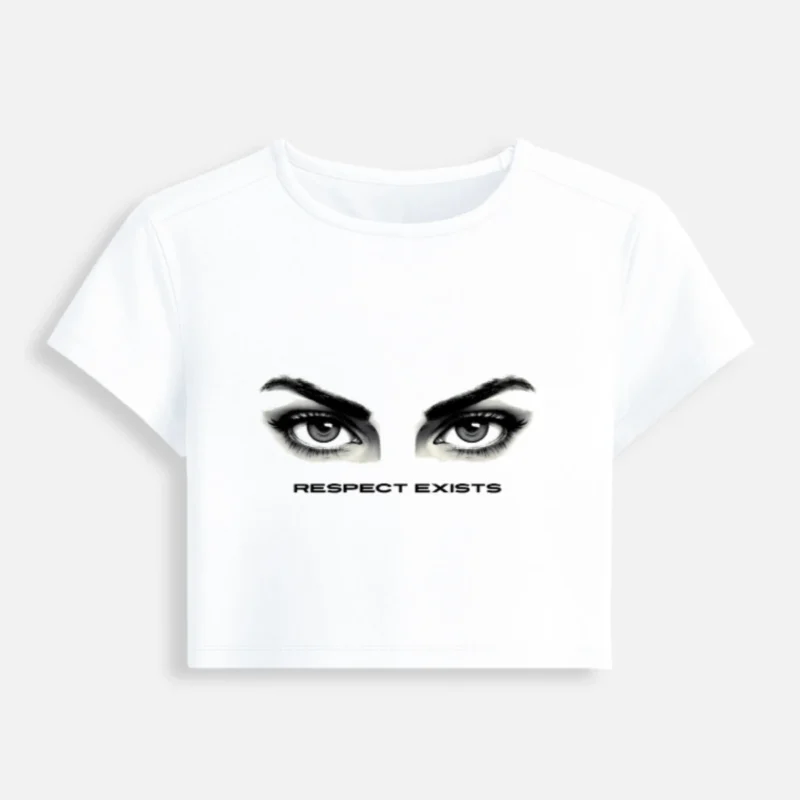 White womens cropped baby tee with Respect Exists eye graphic front view
