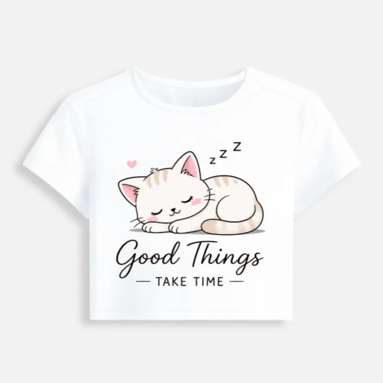 White crop top featuring a cute cartoon illustration of a sleeping kitten with the text "Good Things Take Time."